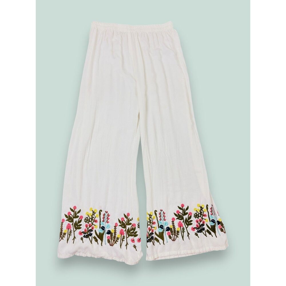 Women's Cream Embroidered Wide Leg Palazzo Pants Boho Pull-On Elastic Waist